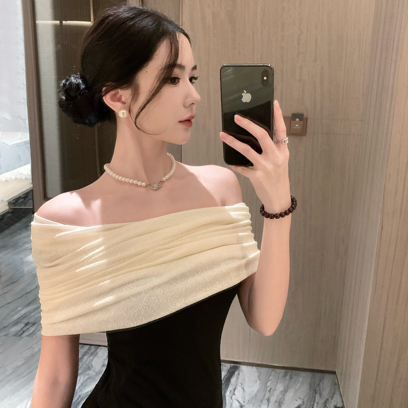 法式高級感禮服黑白撞色拼接一字肩純欲連衣裙
