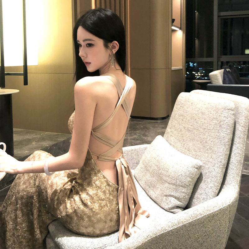曳時之金 重工亮片香檳金交叉綁帶大露背魚尾禮服連衣裙