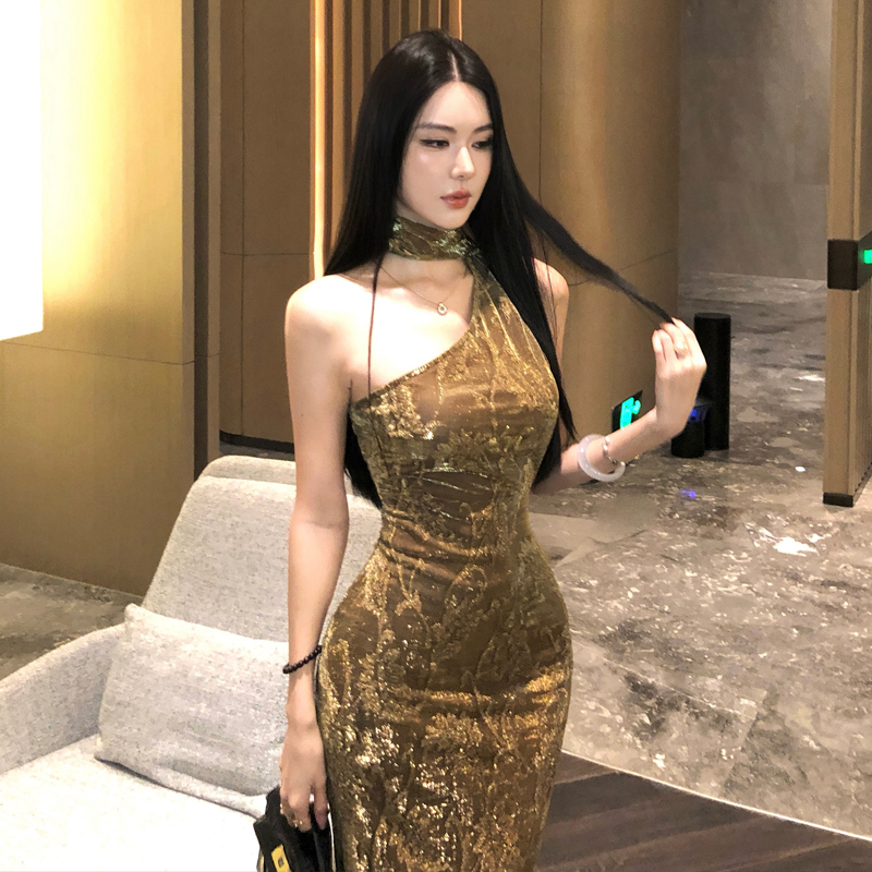 金枝法式復古斜肩包臀連衣裙年會禮服裙