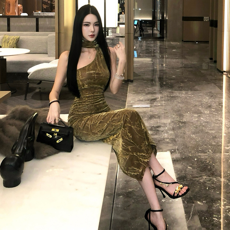 金枝法式復古斜肩包臀連衣裙年會禮服裙