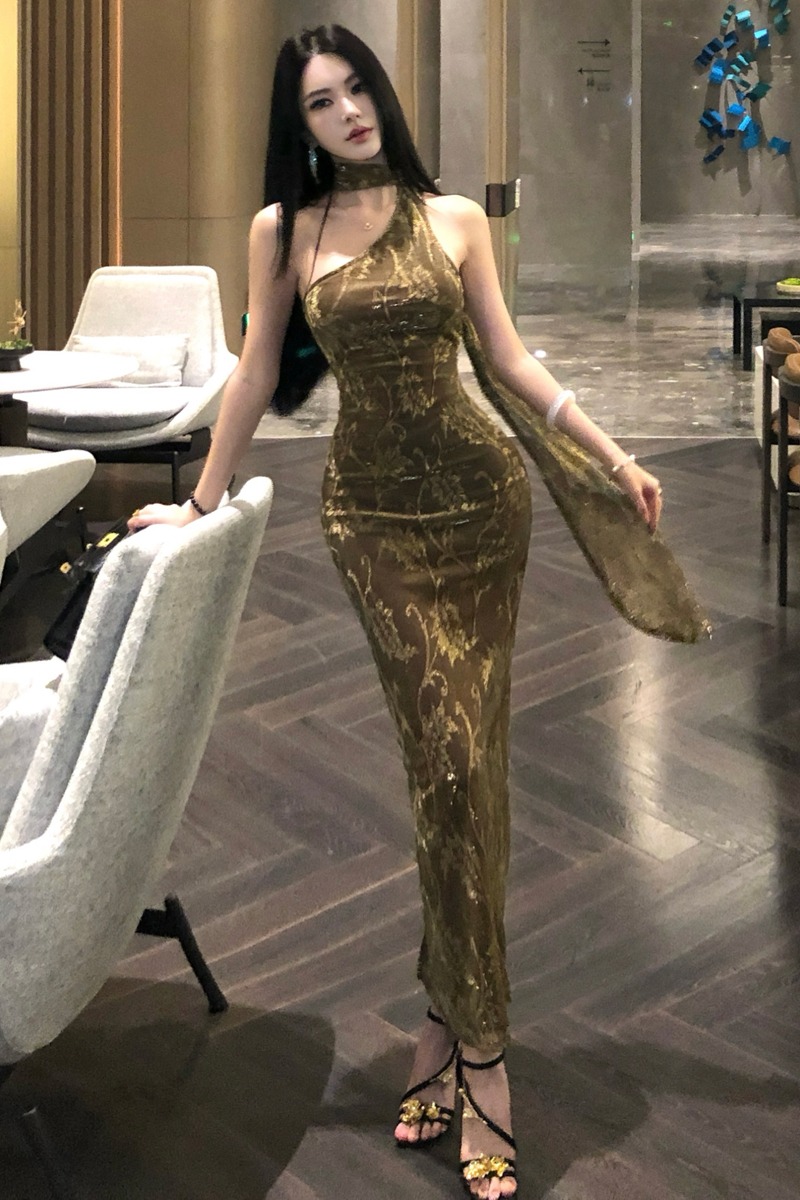 金枝法式復古斜肩包臀連衣裙年會禮服裙