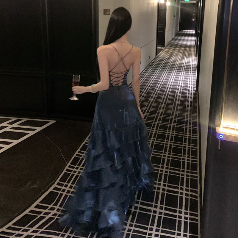 人魚姬正品原創高級配色荷葉邊吊帶連衣裙設計感禮服