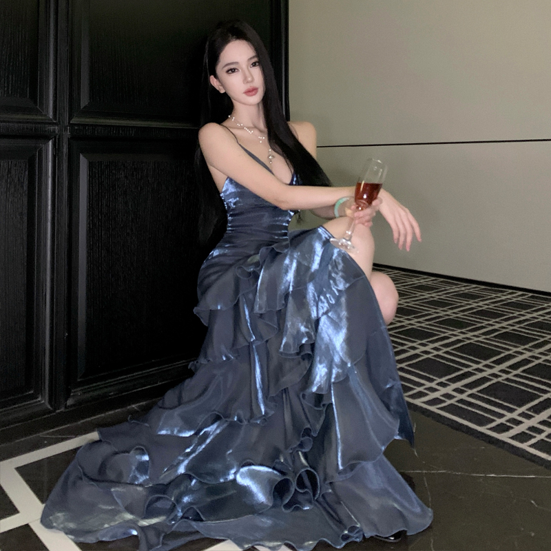 人魚姬正品原創高級配色荷葉邊吊帶連衣裙設計感禮服