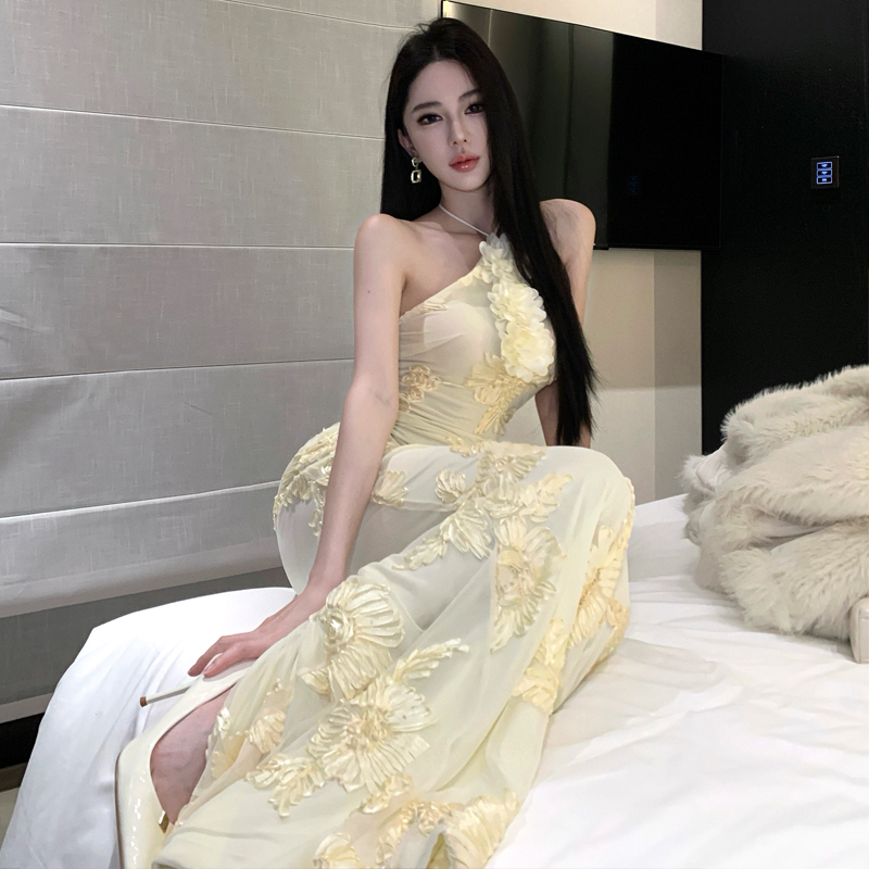 掛脖露背立體花朵顯身材修身魚尾長裙網紗優雅氣質高級生日小禮服