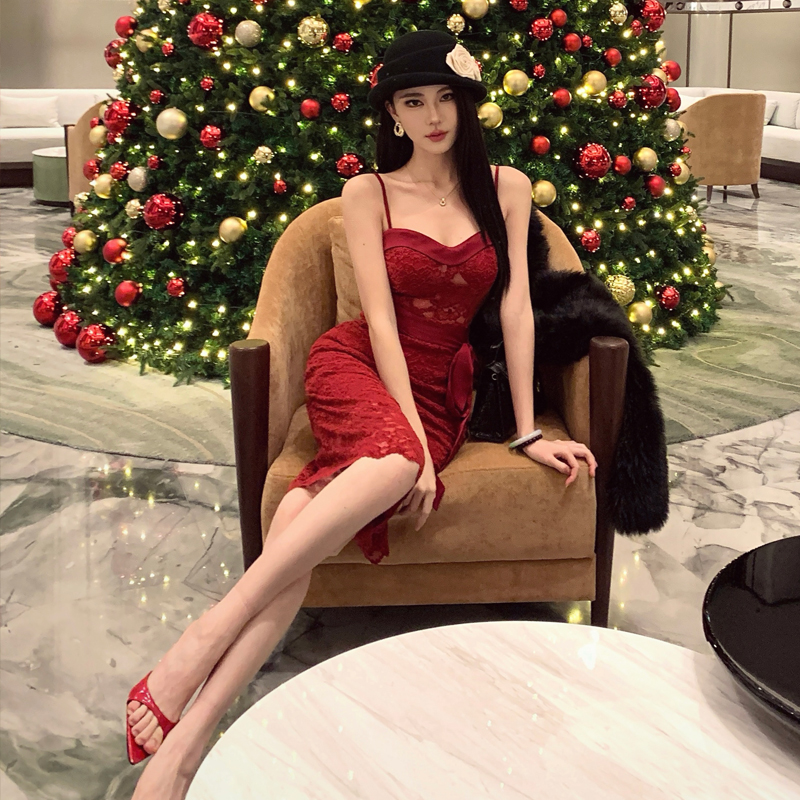 紅玫瑰*女人味紅色雪尼爾蕾絲性感純欲氣質吊帶連衣長裙年會禮服