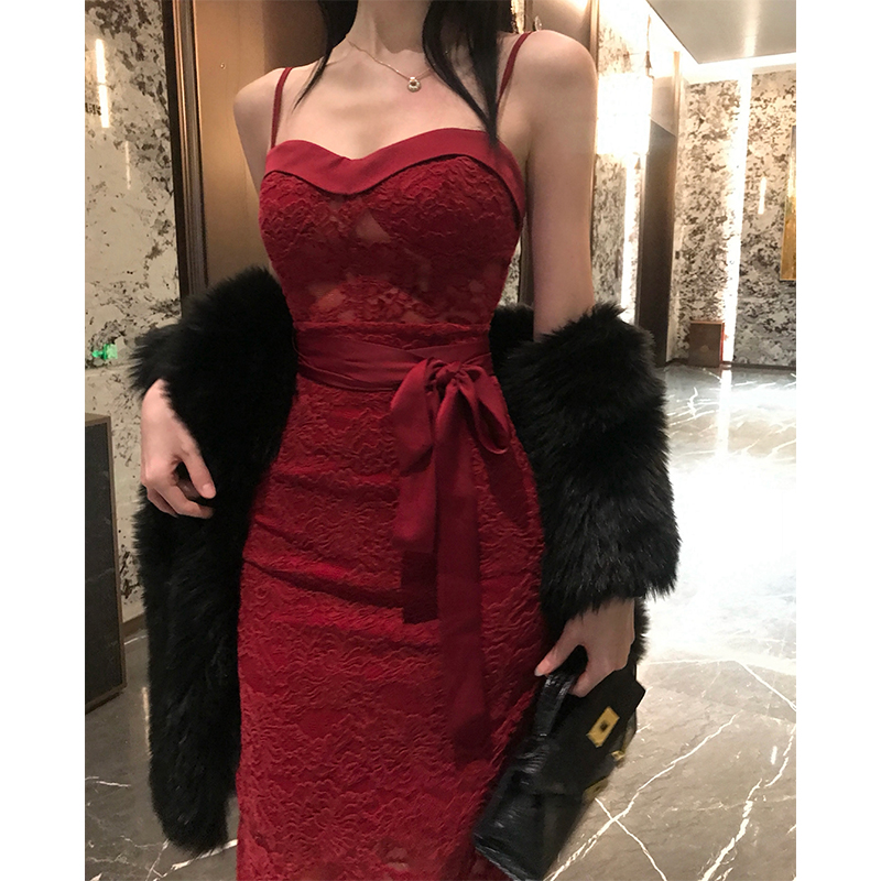紅玫瑰*女人味紅色雪尼爾蕾絲性感純欲氣質吊帶連衣長裙年會禮服