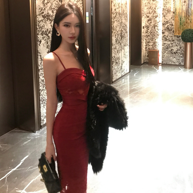 紅玫瑰*女人味紅色雪尼爾蕾絲性感純欲氣質吊帶連衣長裙年會禮服