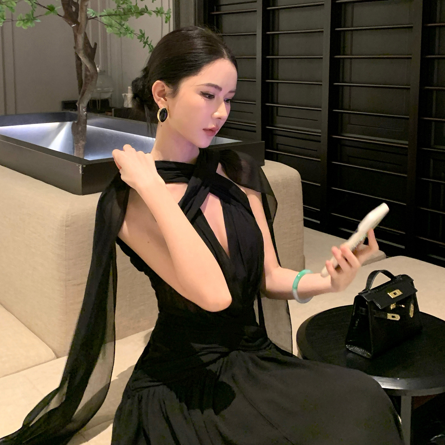 法式性感黑色露背飄帶連衣裙氣質宴會禮服裙度假長裙
