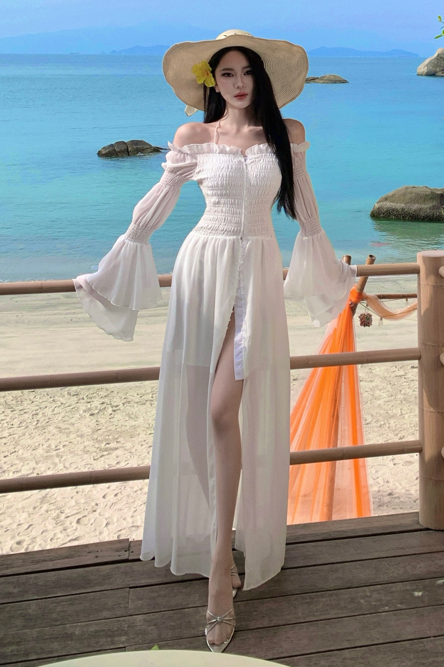 法式褶皺一字肩荷葉邊連衣裙2026女新款氣質收腰度假風長裙