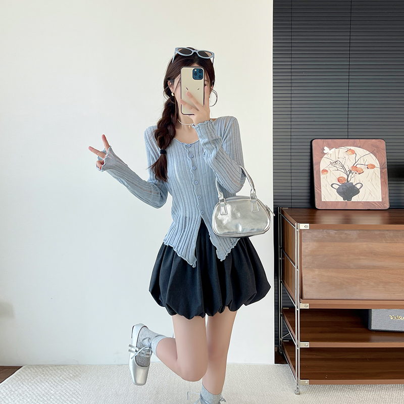 MY14013# 设计感温柔风坑条木耳边开叉针织开衫+花苞半身裙女裝貨源服...