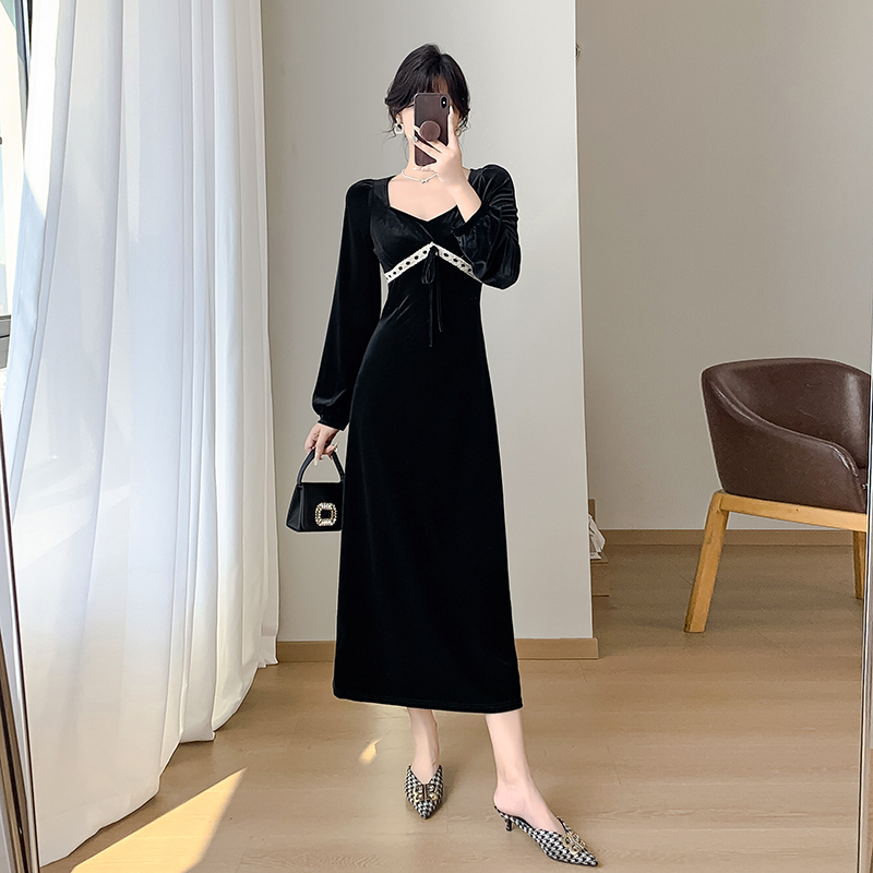 MY14009# V领蕾丝拼接气质显瘦丝绒连衣裙长款打底裙女裝貨源服裝批發