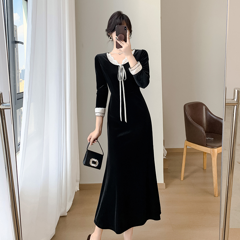 MY14010# 气质蕾丝拼接V领收腰显瘦气质长款连衣裙女裝貨源服裝批發