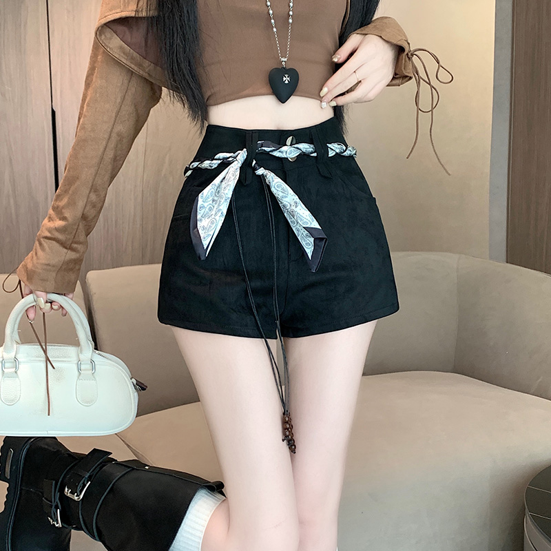 實拍鹿絨皮美式復古氣質減齡辣妹百搭咖色高腰a字短褲靴褲女秋冬