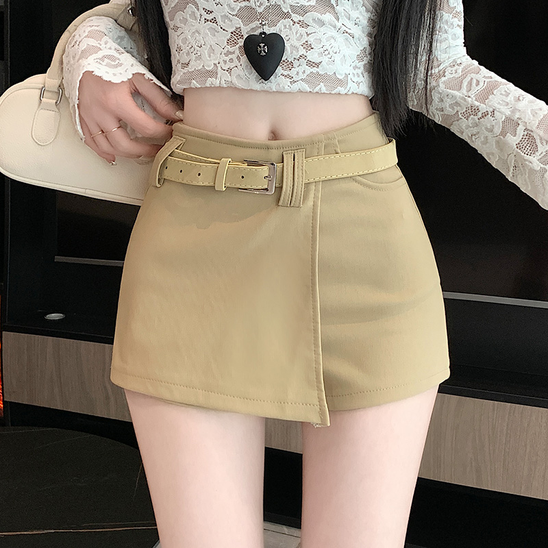實拍美式復古卡其色短褲裙女2025秋冬新款高級感辣妹包臀半身裙