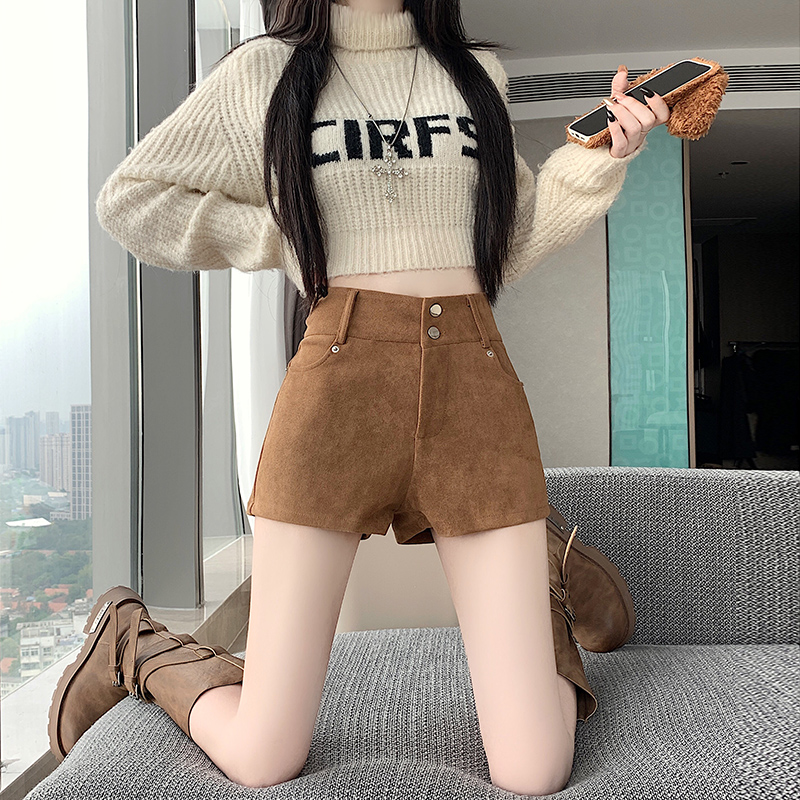 實拍美式復古設計感麂皮絨顯瘦時尚短褲女2025新款秋冬新款熱褲