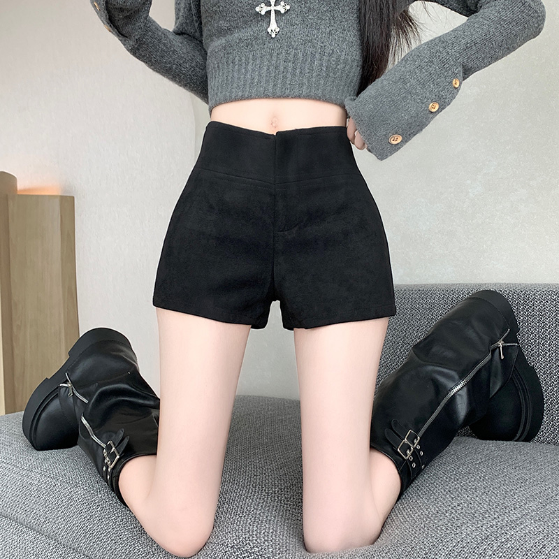 實拍咖色鹿皮絨闊腿短褲女2025新款冬季美式辣妹a字高腰外穿靴褲