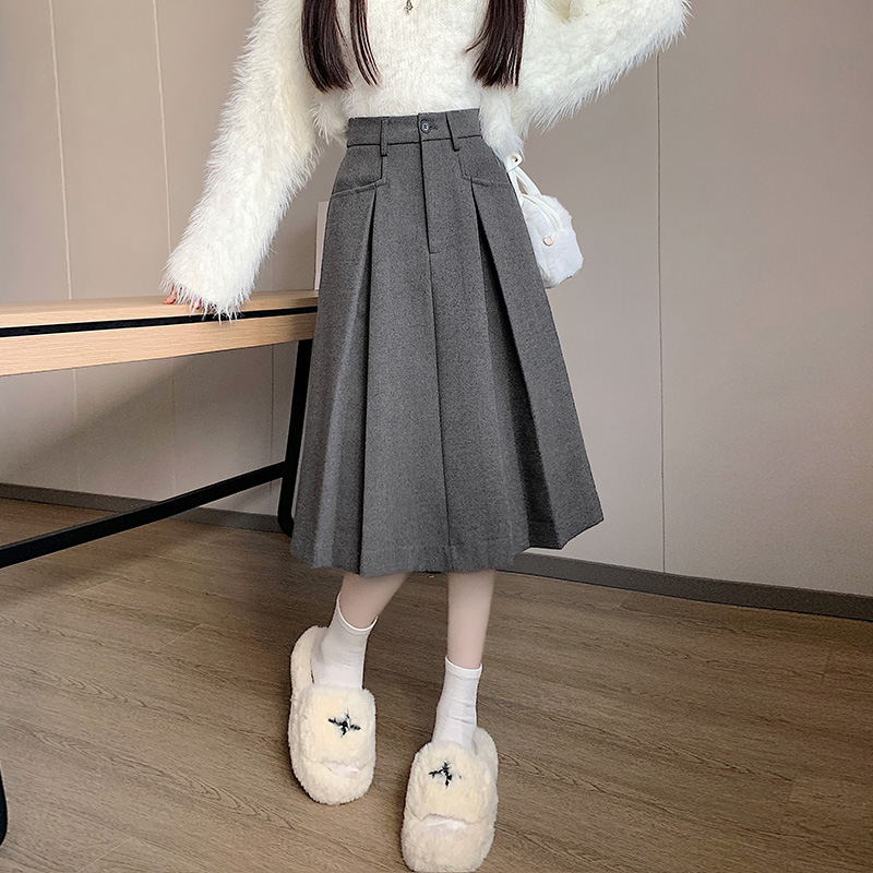 MY14753# 新款A型褶裥裙女毛呢百搭休闲百褶裙中长款半身裙女裝貨源服裝批發