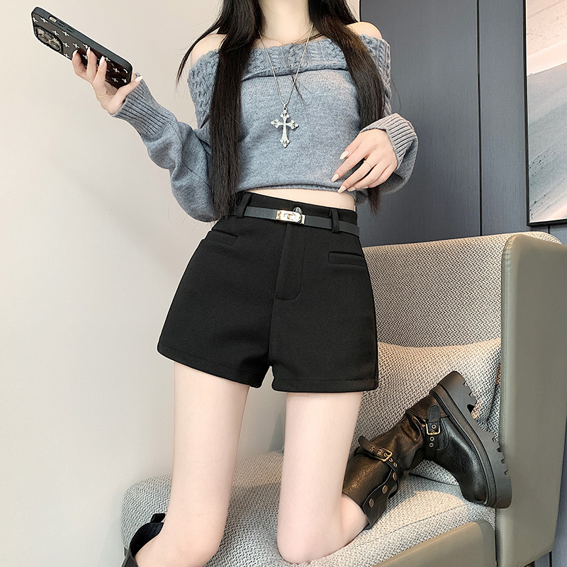 實拍灰色毛呢高腰短褲女冬季韓版顯瘦直筒緊身呢子靴褲外穿打底褲
