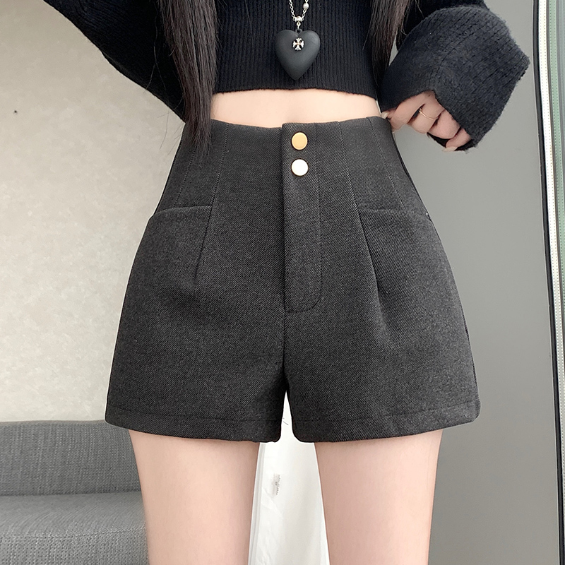 MY14751# 毛呢短裤新款外穿黑色高腰阔腿A字灰色显瘦靴裤女裝貨源服裝...