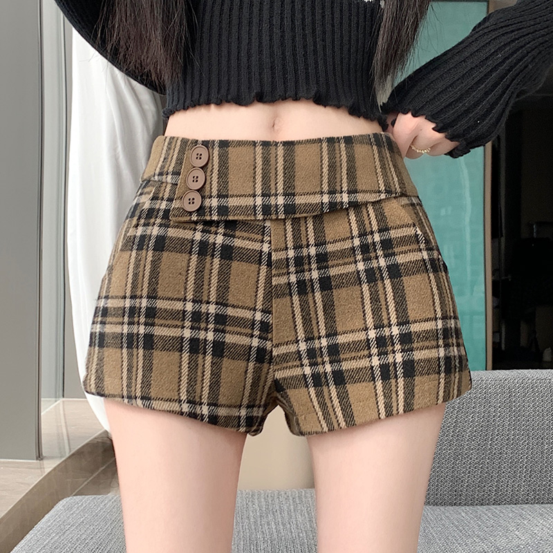 MY14750# 新款复古新款撞色格纹低腰休闲裤女秋冬别致减龄显瘦辣妹短裤...