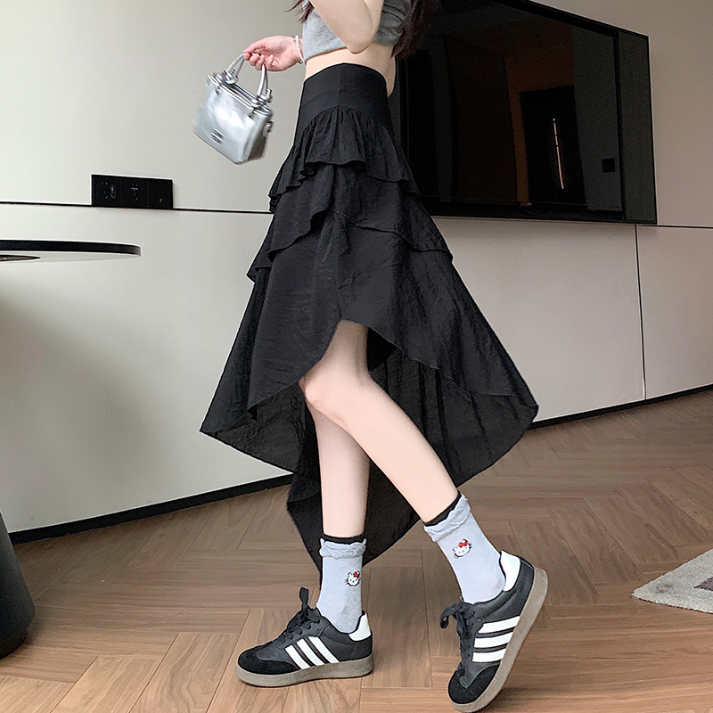 實拍美式荷葉邊半身裙女夏季新款時尚百搭度假風a字花邊長裙子