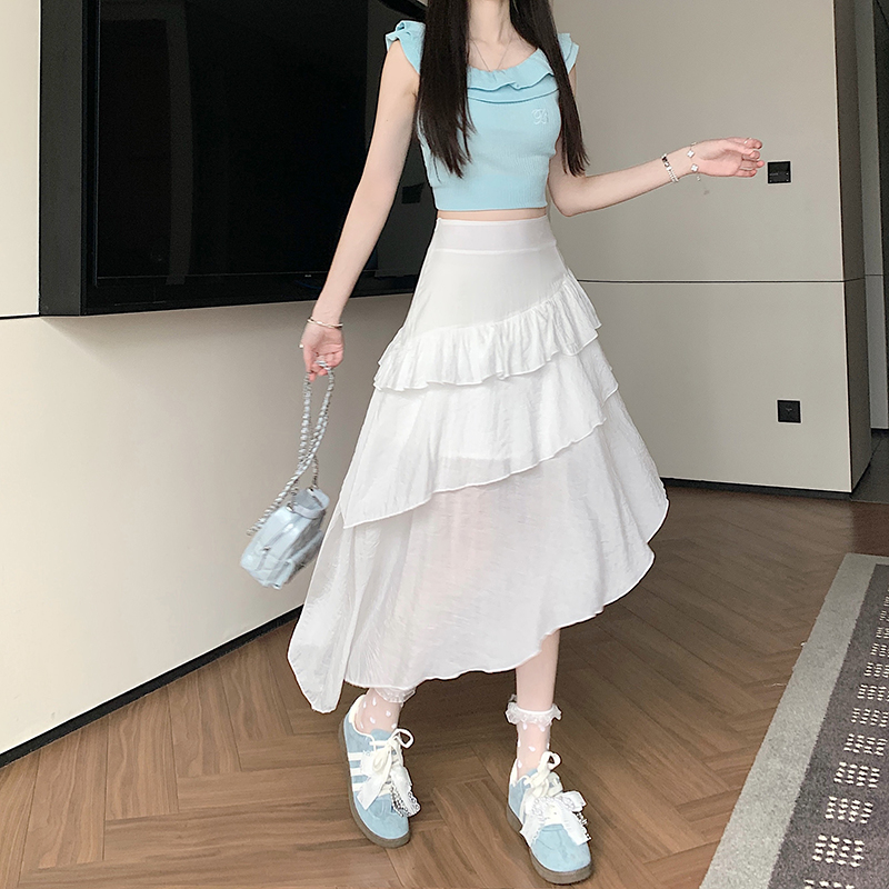 實拍美式荷葉邊半身裙女夏季新款時尚百搭度假風a字花邊長裙子
