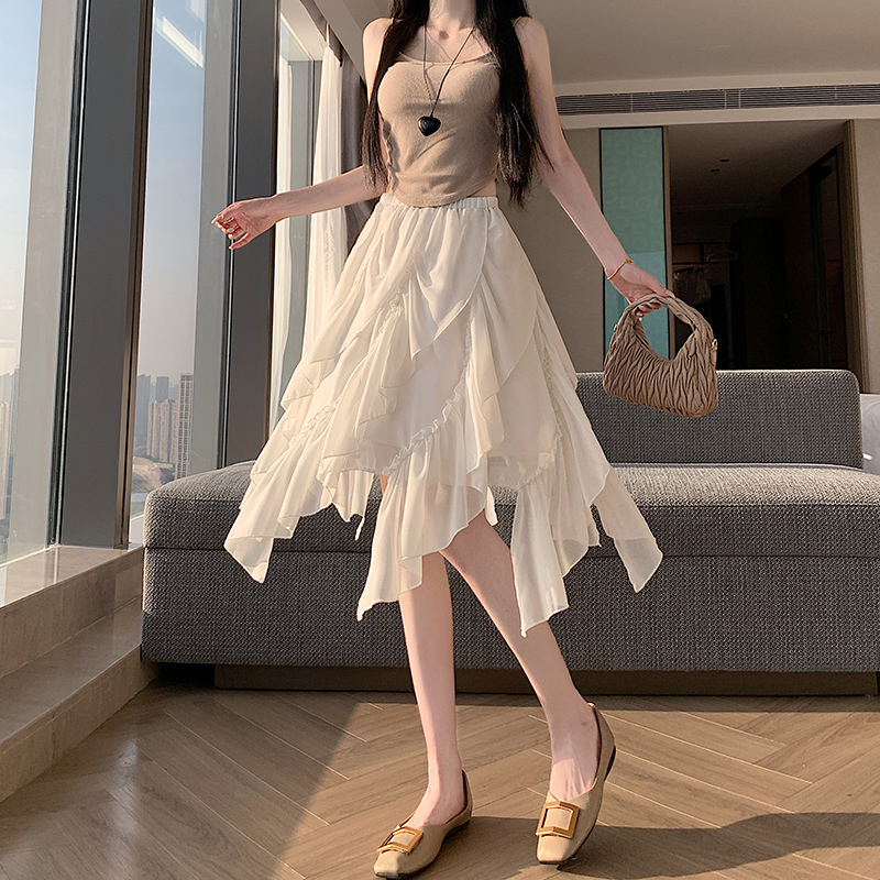 實拍不規則雪紡半身裙2026夏季新款法式復古小眾設計杏色中長裙