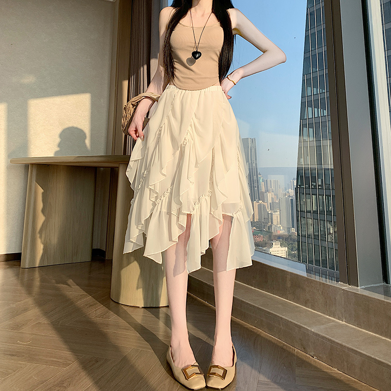 實拍不規則雪紡半身裙2026夏季新款法式復古小眾設計杏色中長裙