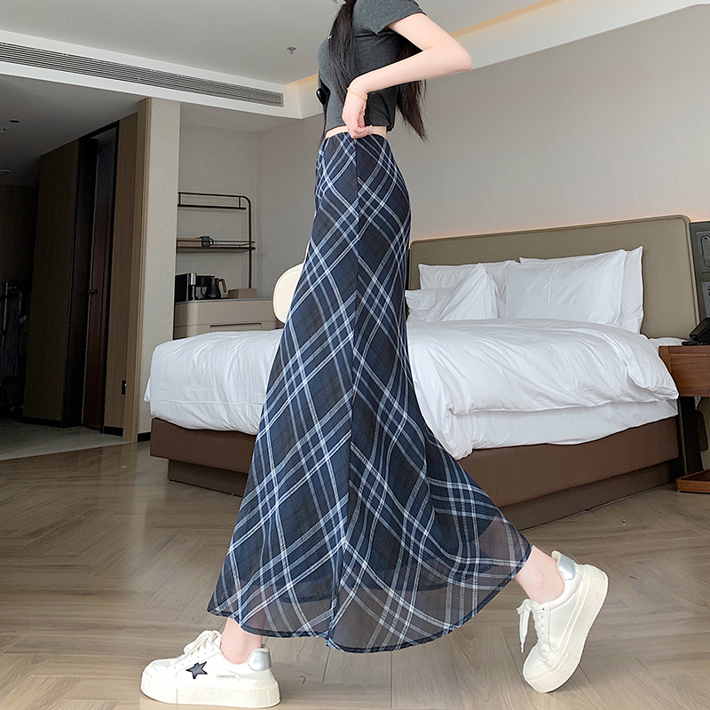 實拍美式復古設計感紅色格紋a字半身裙女辣妹高腰顯瘦魚尾擺長裙