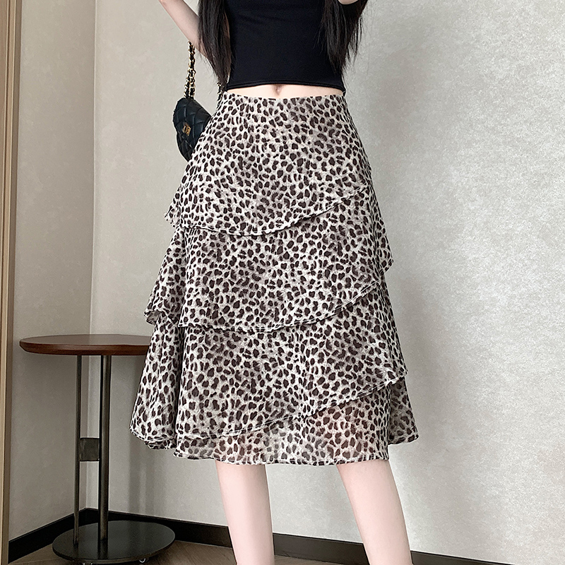 實拍歐美風豹紋雪紡半身裙女2026夏新款氣質顯瘦不規則垂感蛋糕裙