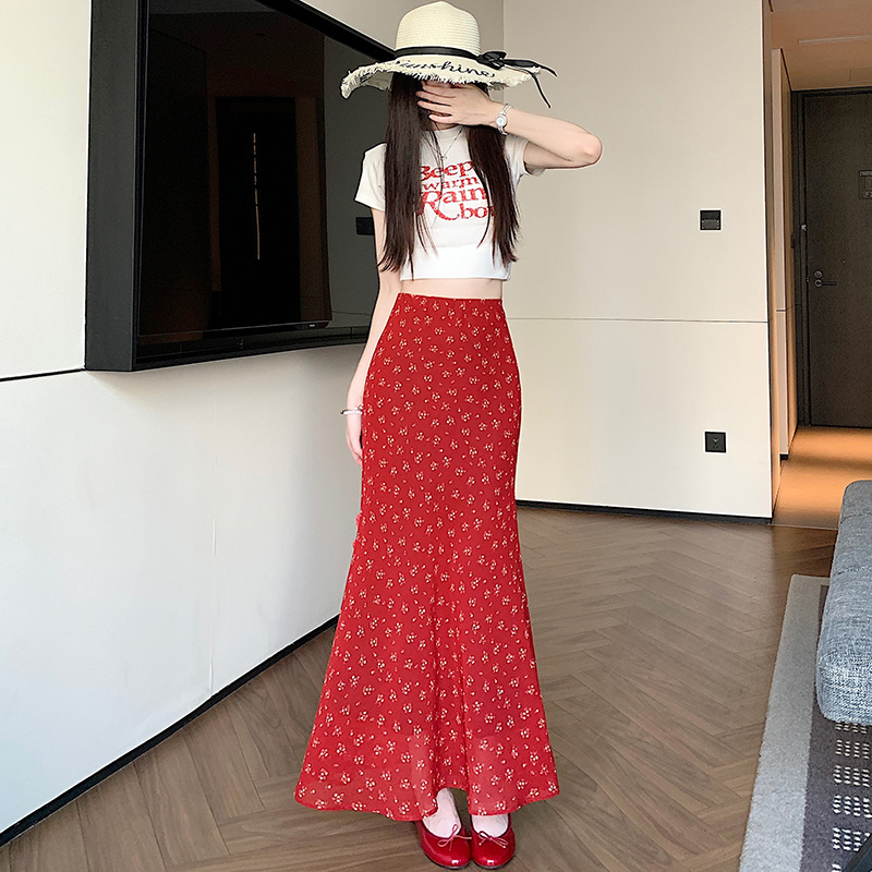 實拍紅色碎花半身裙女2026夏高腰氣質a字裙子木耳邊巨好看中長裙