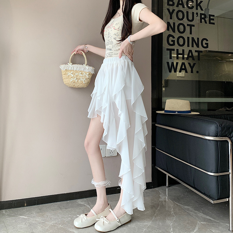 實拍荷葉邊不規則蓬蓬半身裙女2026夏季松緊高腰褶皺A字短裙潮