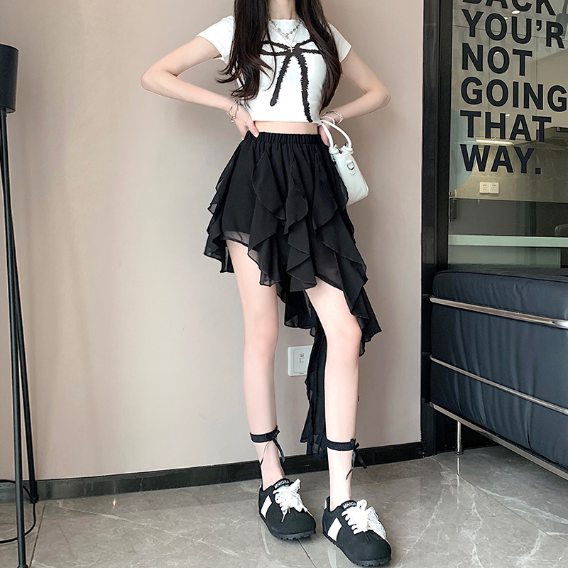實拍荷葉邊不規則蓬蓬半身裙女2026夏季松緊高腰褶皺A字短裙潮