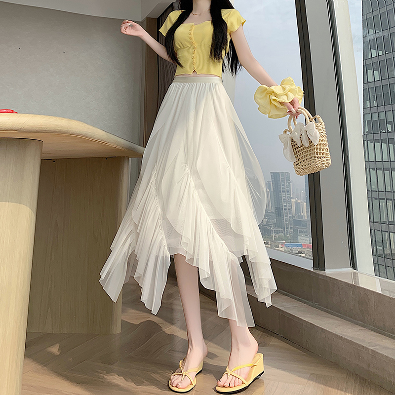 實拍花瓣細膩網紗半身裙女2026夏季不規則長裙紗裙仙女裙子中長款