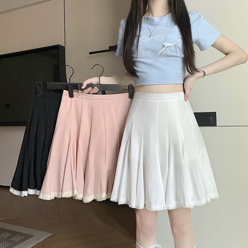 實拍夏季時尚百搭荷葉領一字肩上衣百褶蕾絲拼接半裙短裙女