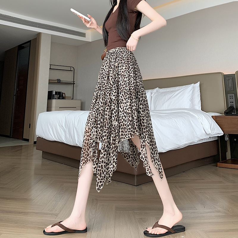 實拍辣妹不規則荷葉邊豹紋半身裙女夏季026高腰垂感褶皺A字中裙