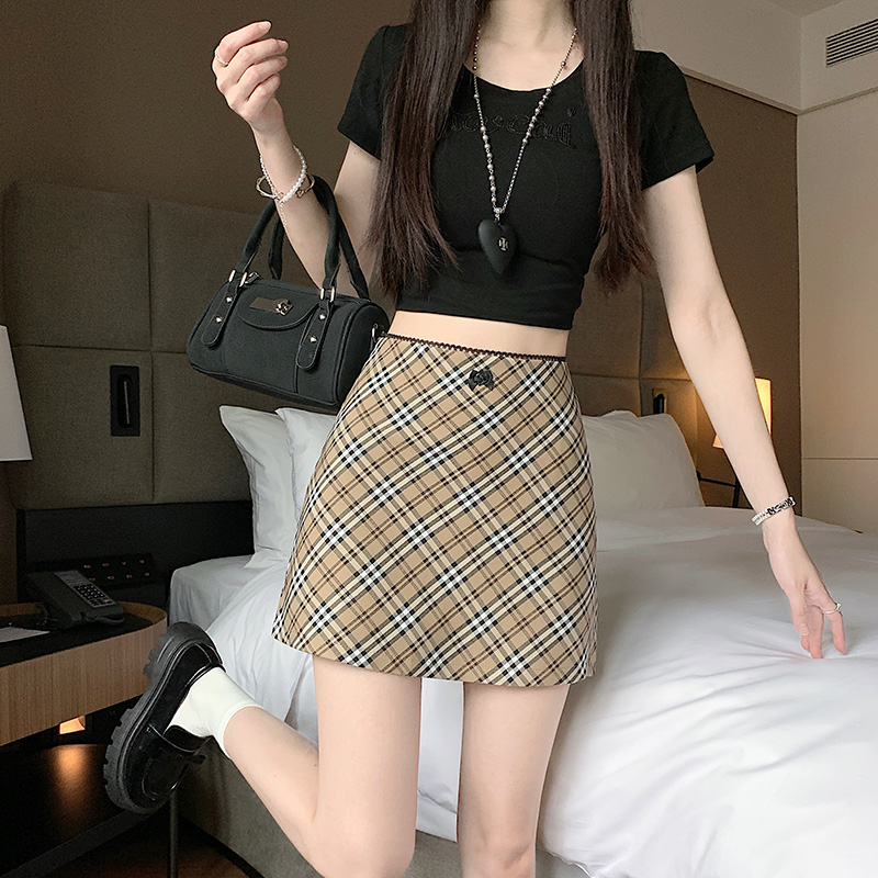 實拍新款切爾西 復古格紋半身裙女蕾絲腰頭辣妹包臀裙女