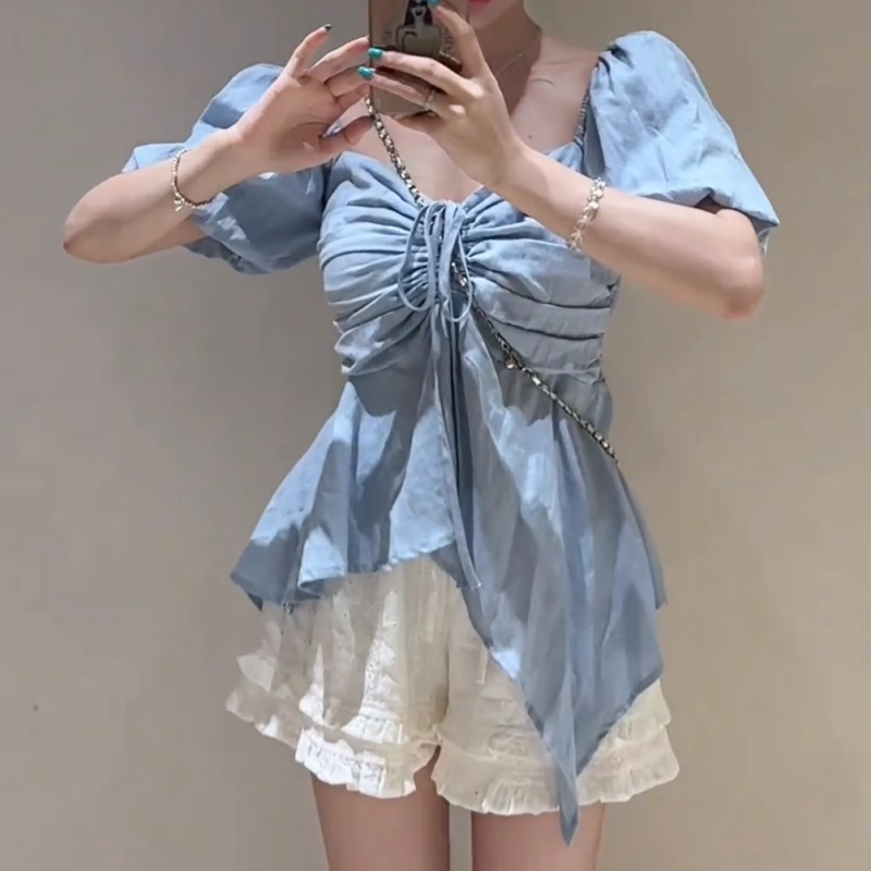MY11756# 大码法式泡泡袖衬衫女夏季新款短袖收腰衬衣胖MM遮肉显瘦别...