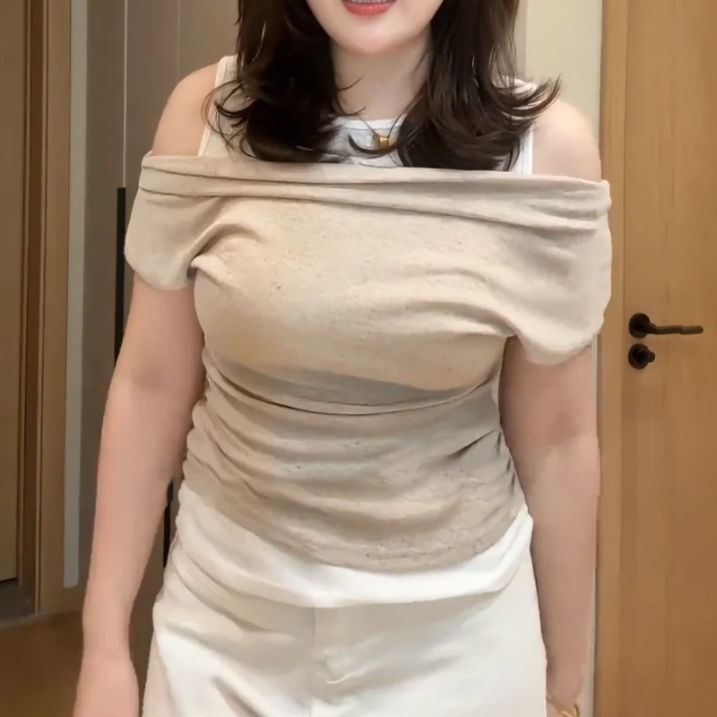 MY11757# 大码胖mm法式独特假两件短袖T恤女夏新款百搭显瘦一字肩气...