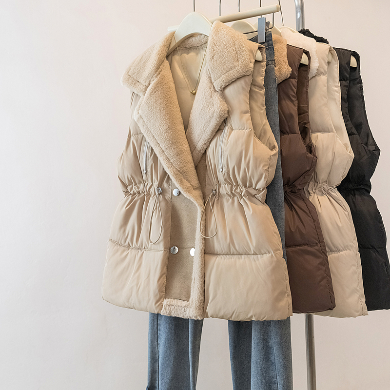 MY15550# 大码女装新款羊羔毛领拼接无袖棉衣马甲时尚收腰百搭外套女裝...