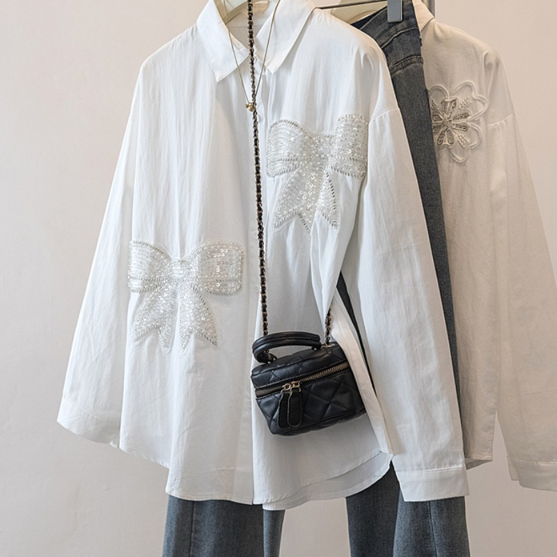 MY17145# 大码女装立体蝴蝶设计感重工钉珠衬衫新款显瘦上衣女裝貨源服裝批發