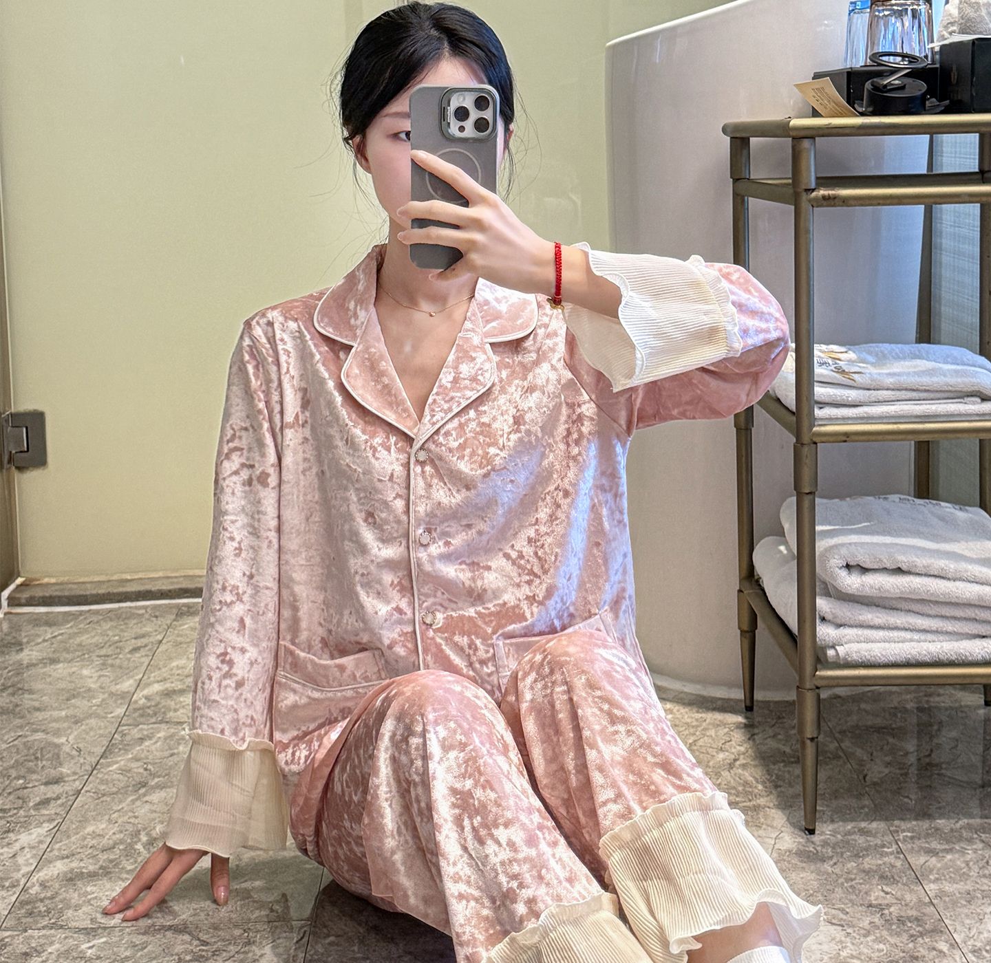 MY15115# 金钻绒蕾丝花边翻领开衫长袖睡衣女套装家居服女裝貨源服裝批...