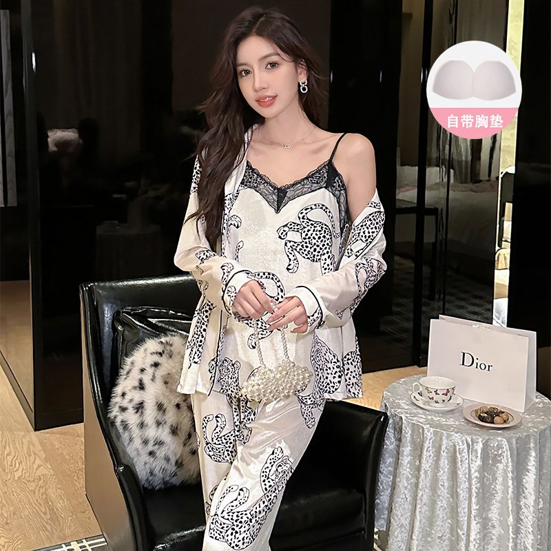 MY15113# 金丝绒带胸垫翻领开衫长袖三件套睡衣女居服女裝貨源服裝批發