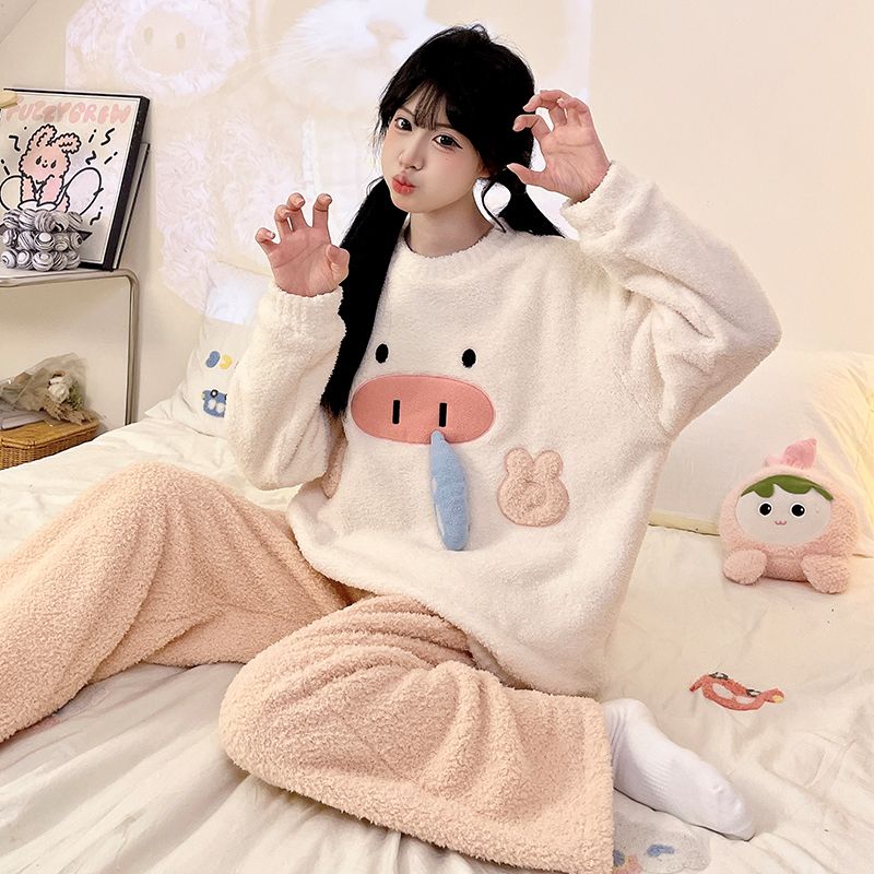 MY15112# 半边绒加厚圆领长袖长裤睡衣女套装家居服女裝貨源服裝批發