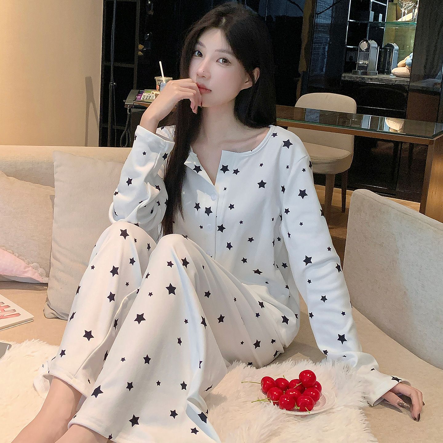 MY15107# 德绒圆领开衫长袖长裤睡衣女士套装休闲家居服女裝貨源服裝批發