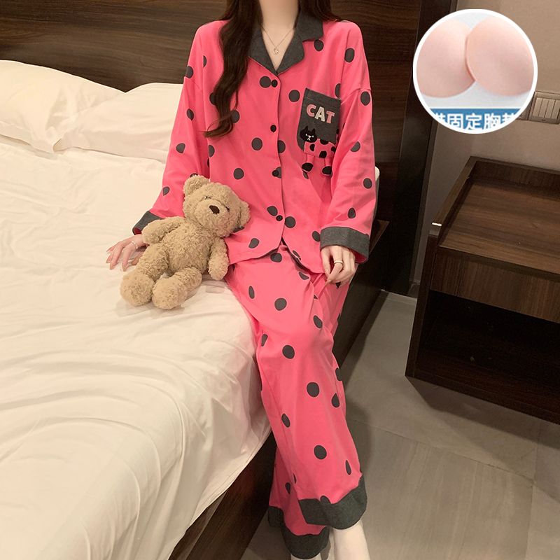 MY15105# 新款带胸垫仿棉睡衣女长袖开衫翻领甜美家居服套装女裝貨源服裝批發