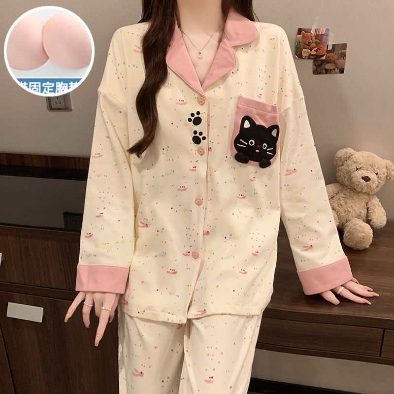 MY15106# 新款带胸垫仿棉睡衣女长袖开衫翻领甜美家居服套装女裝貨源服...