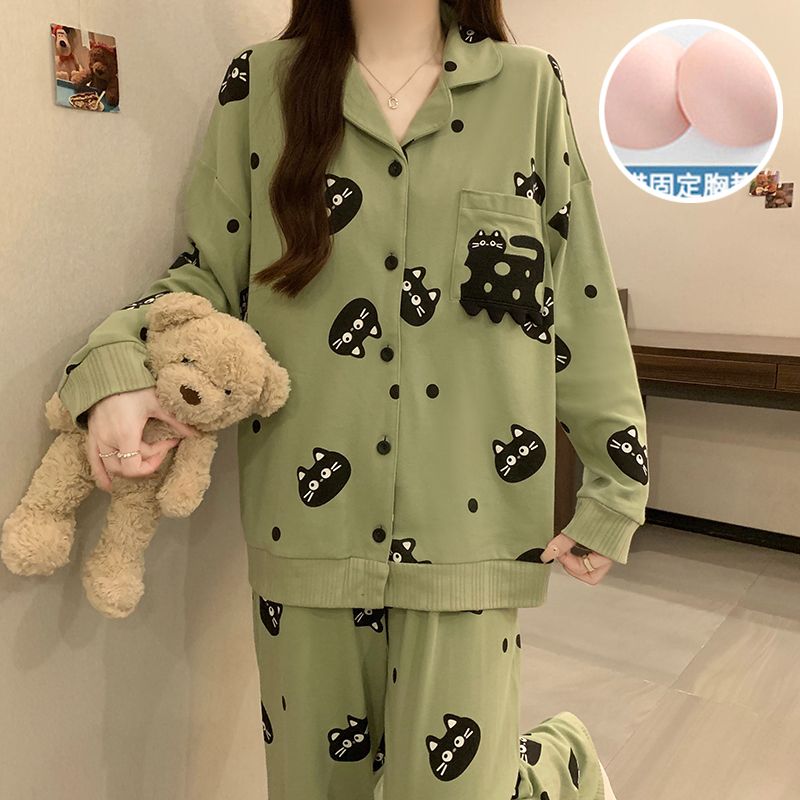 MY15104# 新款带胸垫仿棉睡衣女长袖开衫翻领甜美家居服套装女裝貨源服...