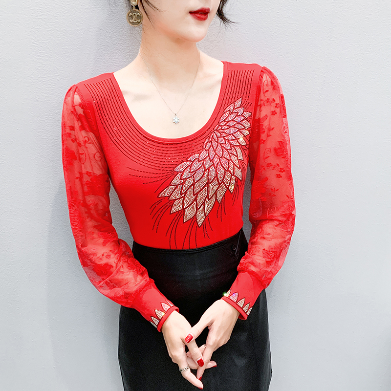 MY17244# 新款欧洲站重工烫钻T恤修身显瘦打底衫蕾丝长袖女潮女裝貨源...