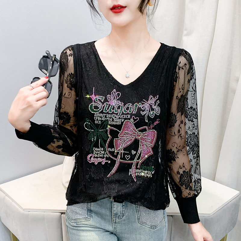 MY17243# 新款蕾丝上衣女大码女装遮肚蕾丝衫个性长袖小衫女潮女裝貨源...